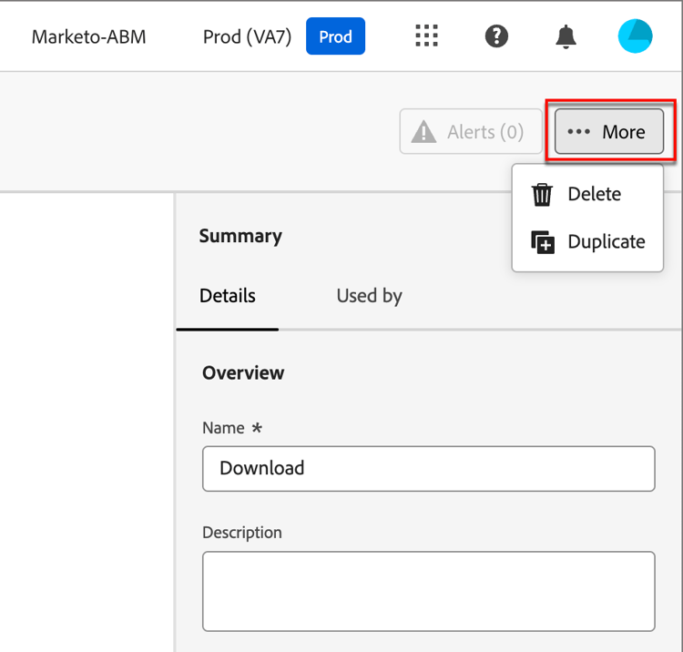 Clique em Mais para acessar as ações Excluir e Duplicar