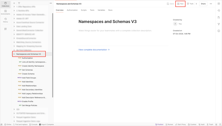 Pasta raiz do gerador de Namespaces e Esquemas na interface do usuário do Postman