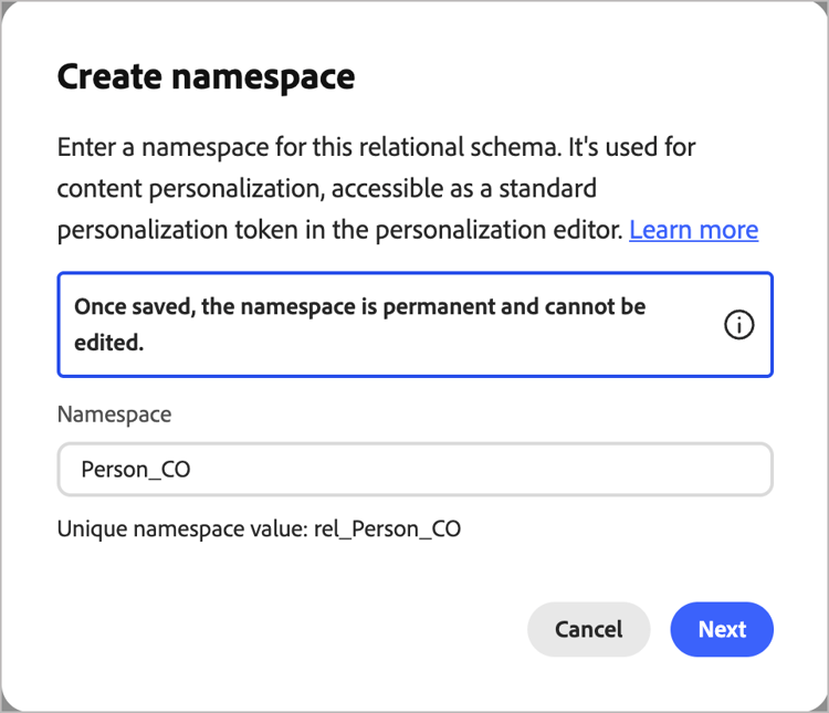 O namespace padrão na caixa de diálogo Criar namespace