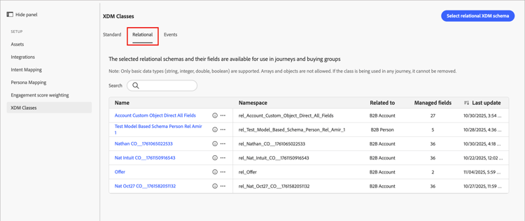 Guia Esquemas relacionais no Editor de esquemas mostrando campos de entidade comercial para o Adobe Journey Optimizer B2B edition