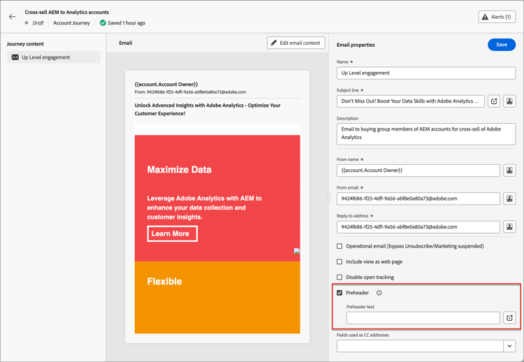 Acesso ao Assistente de IA para pré-cabeçalho de email