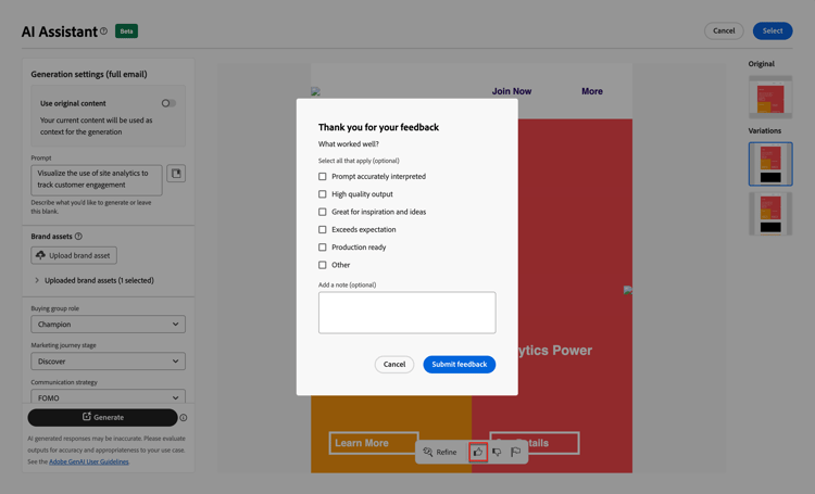 Assistente de IA - configurações de texto