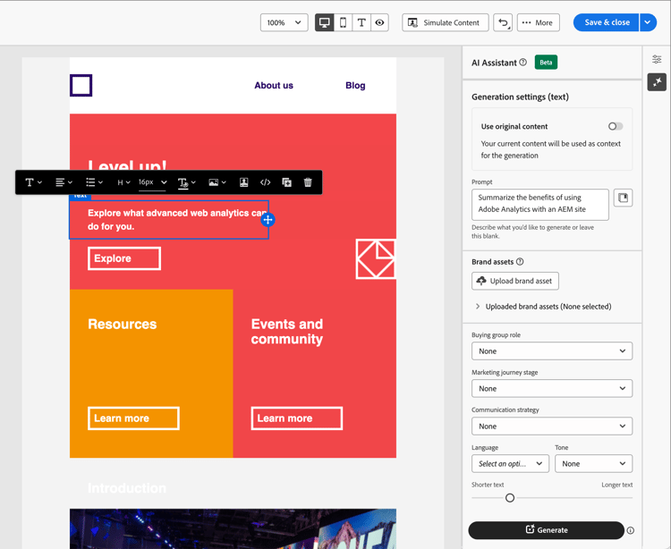 Assistente de IA - configurações de texto