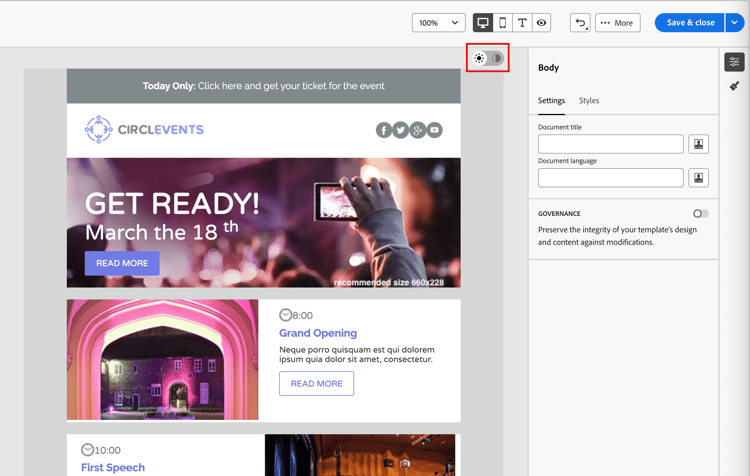 Tela de design de email mostrando o seletor de modo de luz no canto superior direito