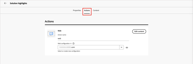 Configuração de canal da Web selecionada