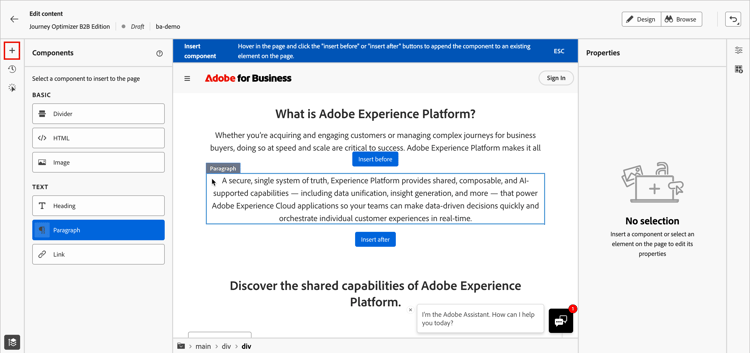 Interface do editor visual - novo componente