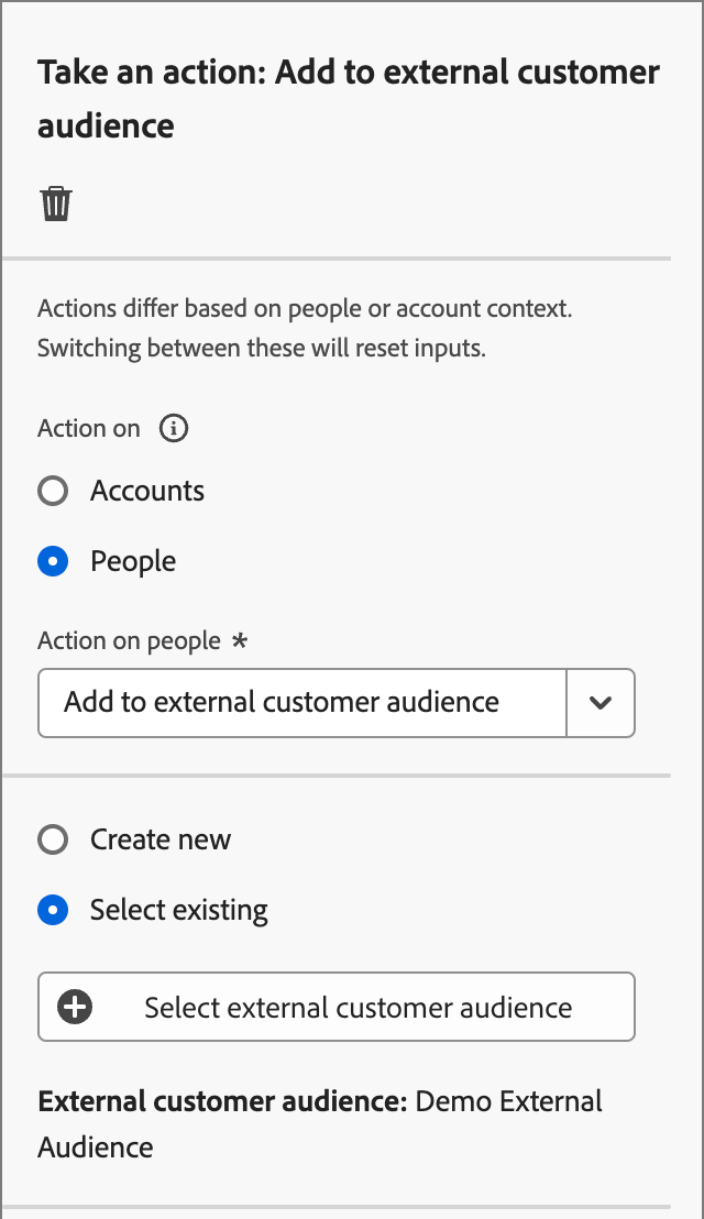 Realizar uma ação - Adicionar ao público-alvo externo do cliente