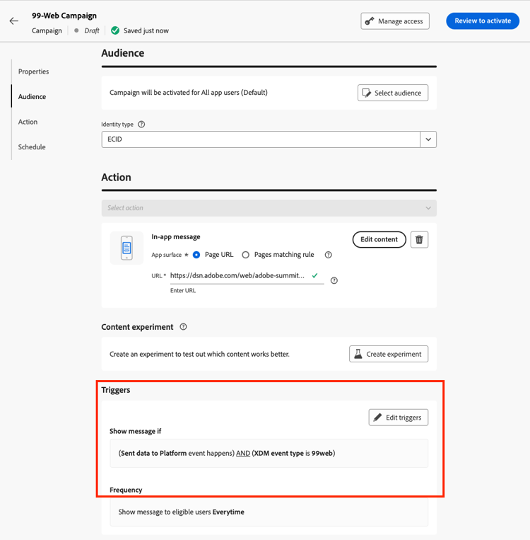 Campanha da Web com gatilho personalizado definido