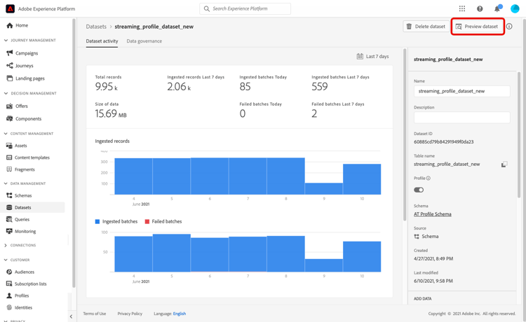 O status de importação mostra Êxito com o botão Visualizar conjunto de dados