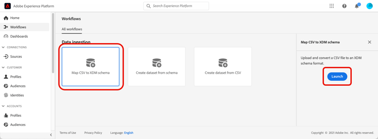 Opção de fluxo de trabalho Mapear CSV para esquema XDM