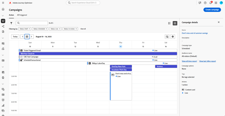 lista de campanhas com o painel de informações aberto