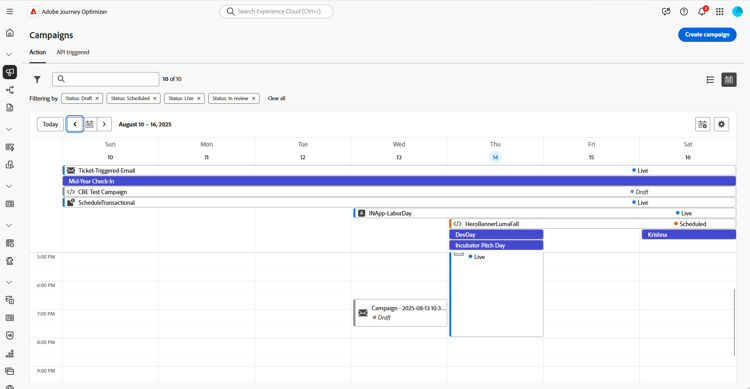 exibição de calendário mostrando campanhas ativas