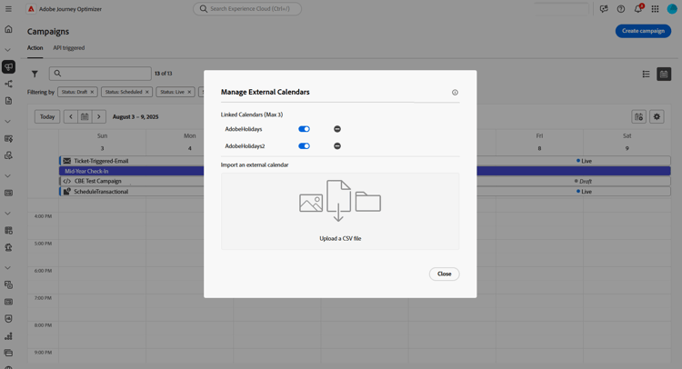exibição de calendário mostrando calendários externos
