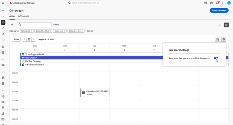 exibição de calendário mostrando campanhas ativas