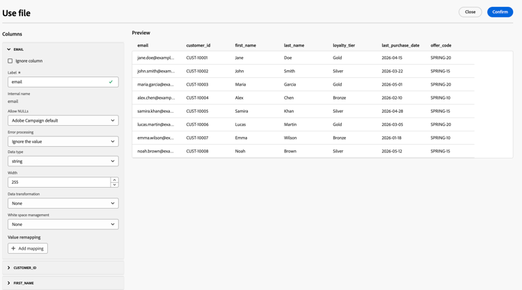 Usar a atividade Carregar arquivo | Adobe Journey Optimizer