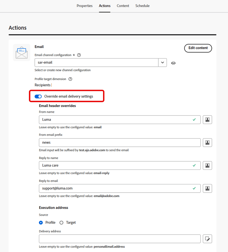 imagem mostrando as configurações de personalização do cabeçalho do email