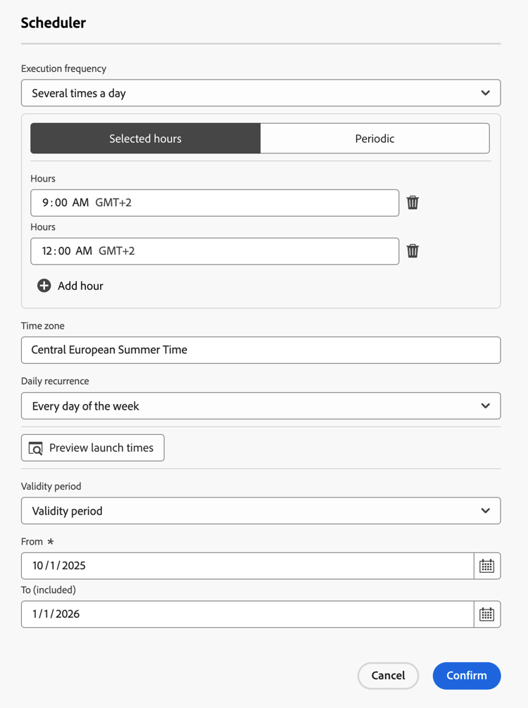 Scheduler configurado para executar a campanha duas vezes por dia, às 9h e às 12h