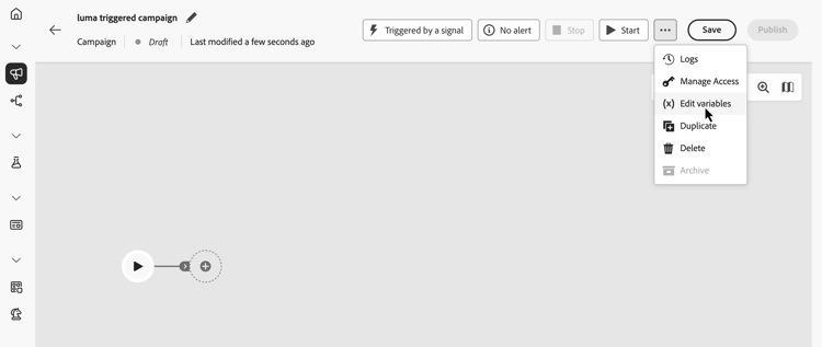 Opção Editar variáveis no menu de campanha