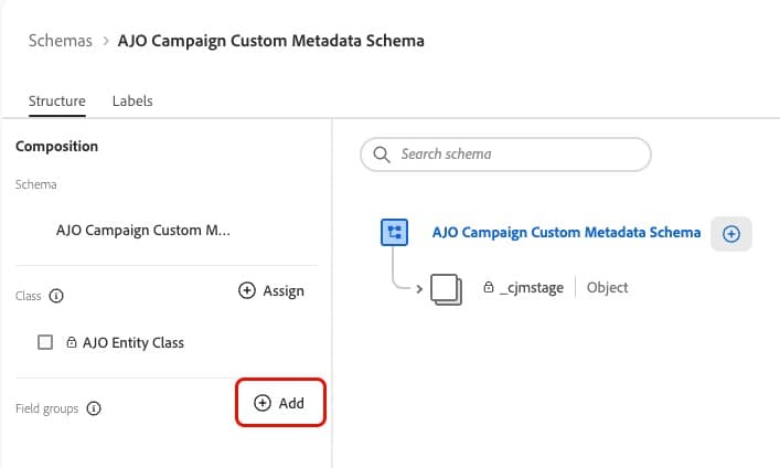Botão Adicionar para grupos de campos no esquema de metadados personalizados da campanha