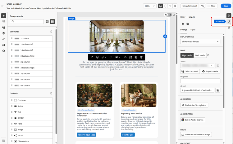 Ativo de imagem selecionado e painel Assistente de IA aberto