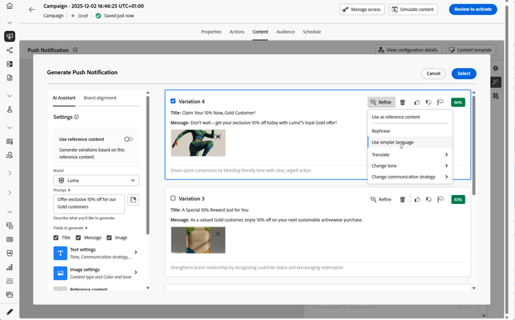 Refinar opções para notificações por push