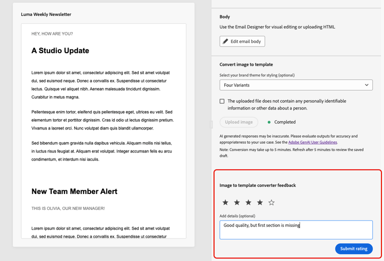 Seção de comentários no Journey Optimizer com uma área de texto para compartilhar suas ideias e sugestões