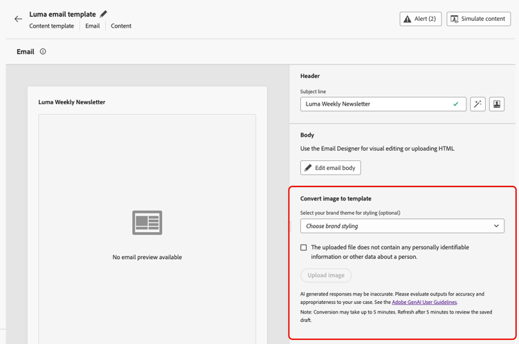 Editor de modelo de conteúdo de email do Journey Optimizer com a seção Converter imagem em modelo