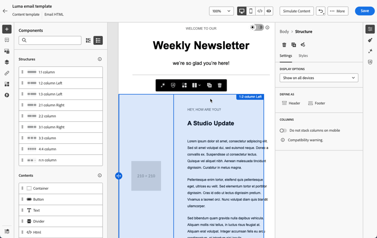 O Email Designer no Journey Optimizer exibindo o modelo convertido como componentes de conteúdo modulares para edição