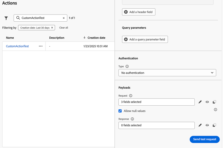 Botão Enviar solicitação de teste no painel Configuração de ação