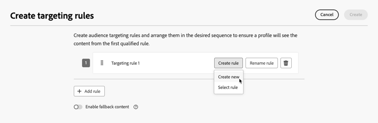 Interface do construtor de regras para criar critérios de direcionamento
