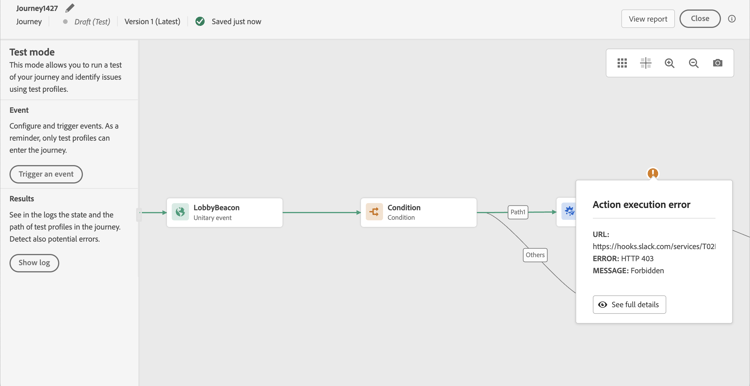 Fluxo visual de teste de Jornada mostrando o progresso do perfil e quaisquer erros