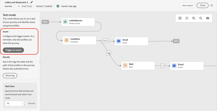 Acionar um botão de evento no modo de teste
