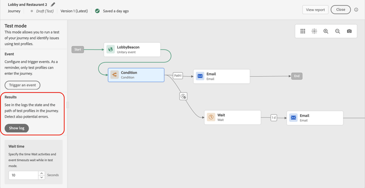 Exibir botão de log para exibir os resultados do teste