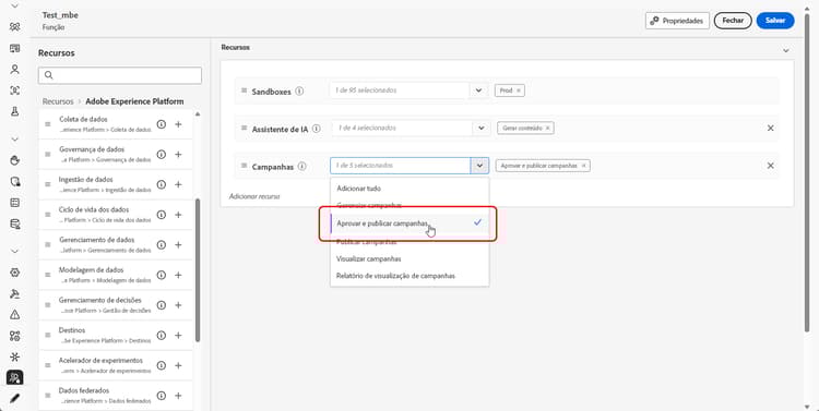 Atribuir permissão para aprovar e publicar campanhas