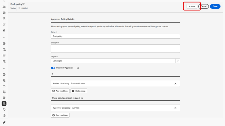Botão Ativar política de aprovação