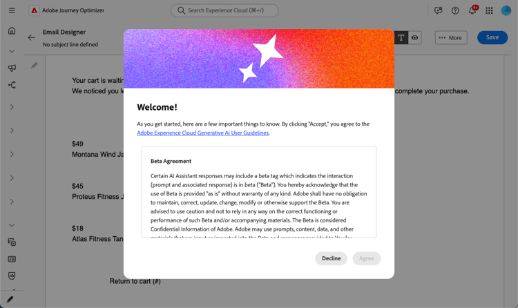 Caixa de diálogo de contrato de usuário de IA gerativa no Journey Optimizer