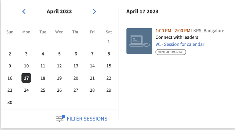 Sessões no calendário com filtros de localização aplicados