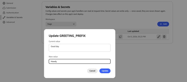 Atualizar GREETINGPREFIX — altere o valor de Bom dia para Olá