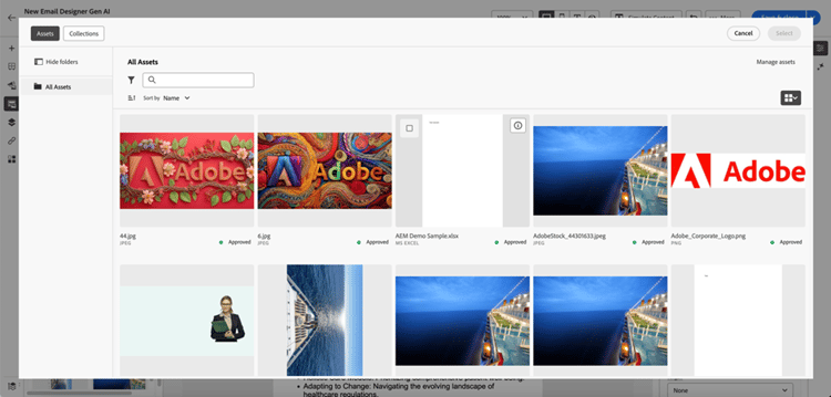 Use a ferramenta na caixa de diálogo Selecionar Assets para localizar e selecionar um ativo de imagem