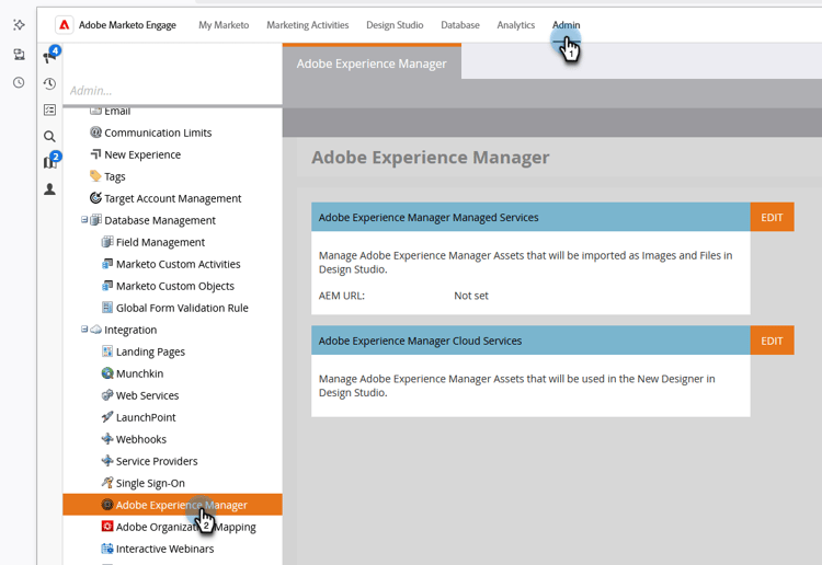 Selecione o Adobe Experience Manager na seção de Administrador