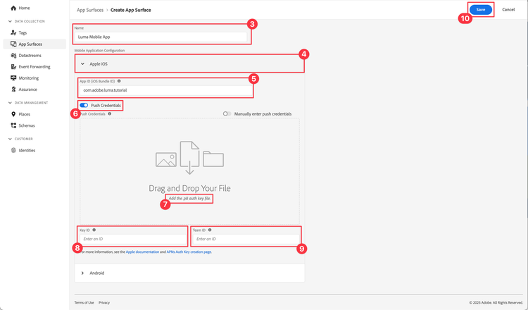 configuração da superfície de aplicativo