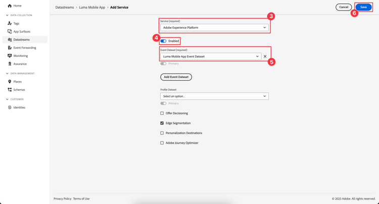 Adicionar o Adobe Experience Platform como um serviço de sequência de dados