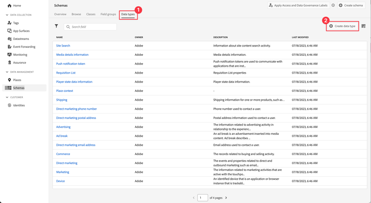 Selecionar menu de tipo de dados