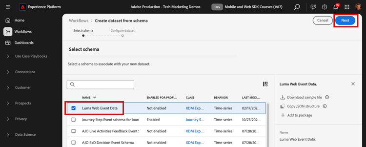 Conjunto de dados, selecionar esquema