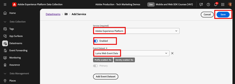 Configuração da sequência de dados
