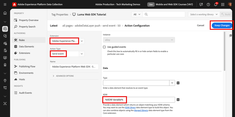 Adicionar a ação Enviar Evento