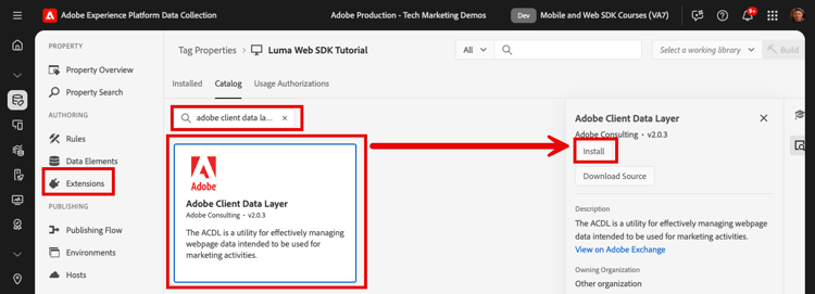 Adicionar extensão da Camada de Dados do Cliente Adobe