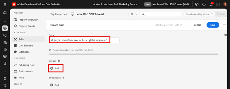 Nomear a regra e adicionar um evento