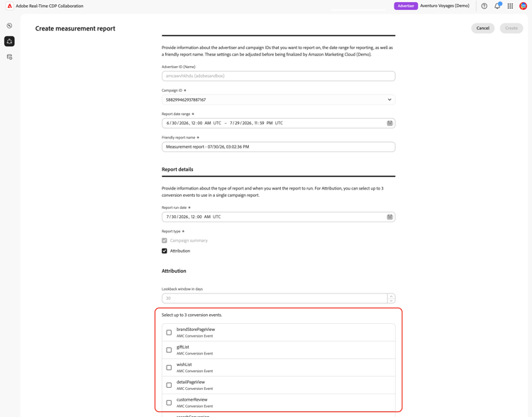 A seção Eventos de conversão do formulário de relatório de medição em seu estado ativo, mostrando o campo Janela de pesquisa definido como 30 dias e a lista de seleção múltipla de eventos de conversão com eventos disponíveis.