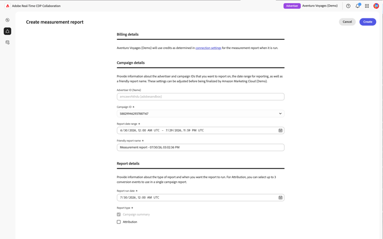 O formulário de relatório de medição mostrando a ID do anunciante, a lista suspensa de ID de campanha, o intervalo de datas do relatório, a data de execução do relatório, o nome do relatório e os campos do tipo de relatório.